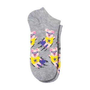Heather Gray Ankle Socks With Cartoon Pig Design